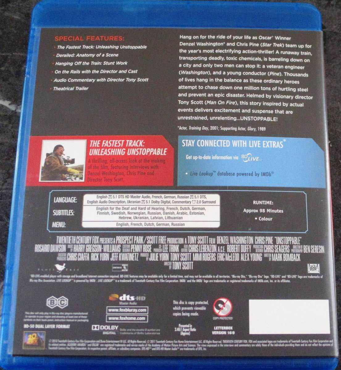 Unstoppable BLU RAY Denzel Washington Chris Pine