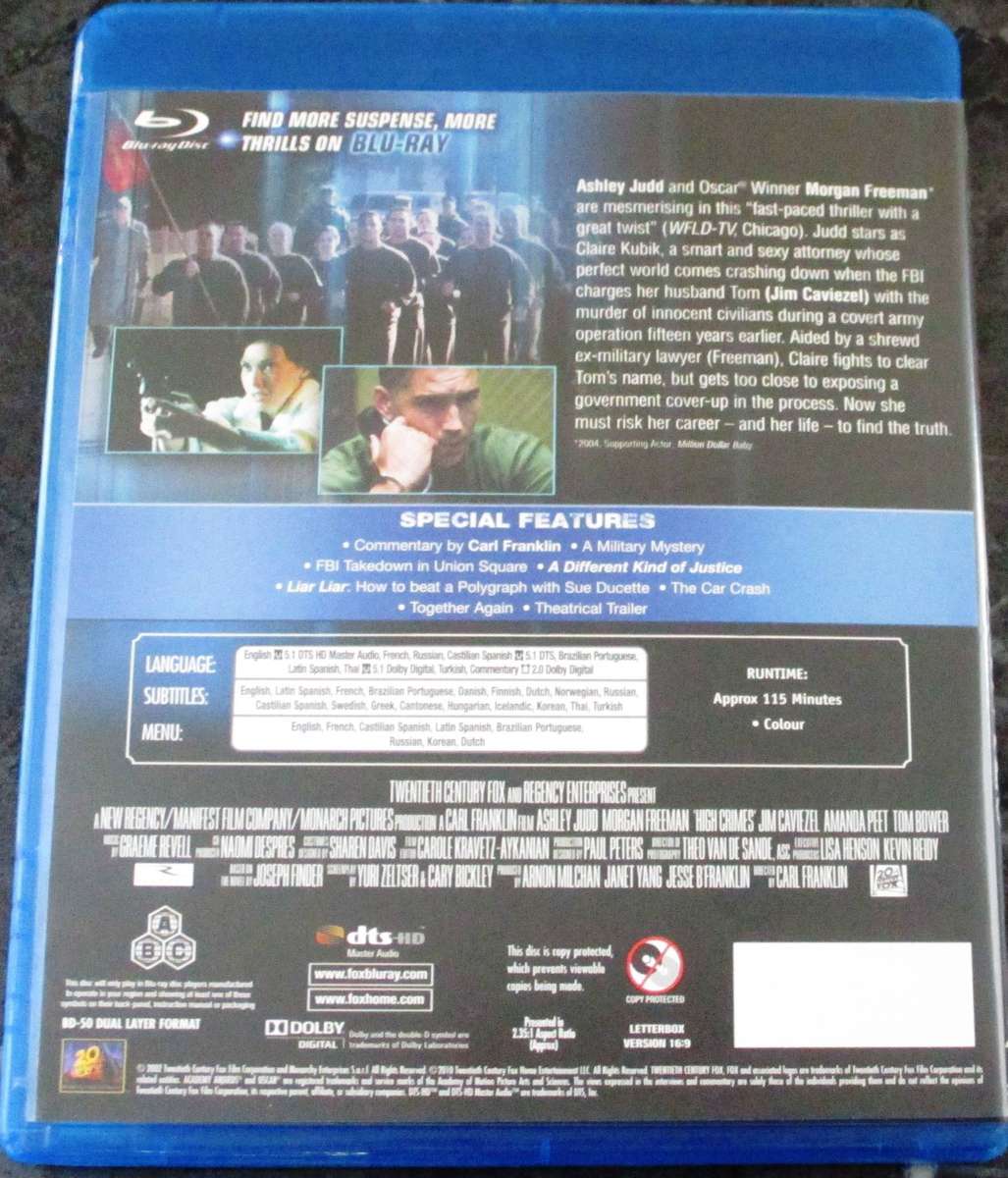 HIGH CRIMES BLU RAY Morgan Freeman Ashley Judd