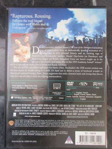 THE LAST OF THE MOHICANS DVD Daniel Day Lewis [DVD BBOX 5] Region 2