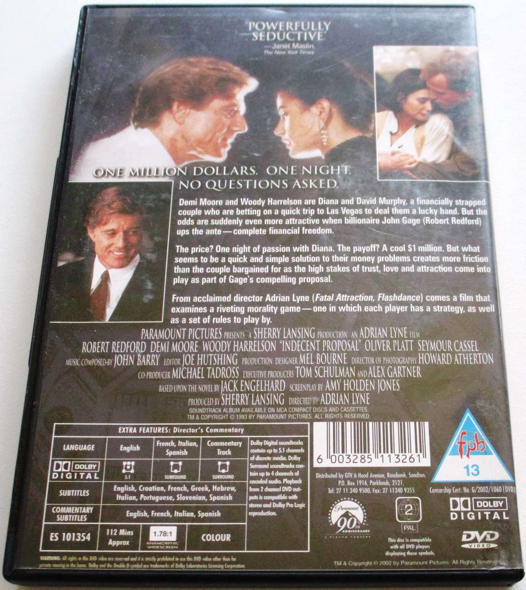 INDECENT PROPOSAL Woody Harrelson Demi Moore DVD [BBOX 4]