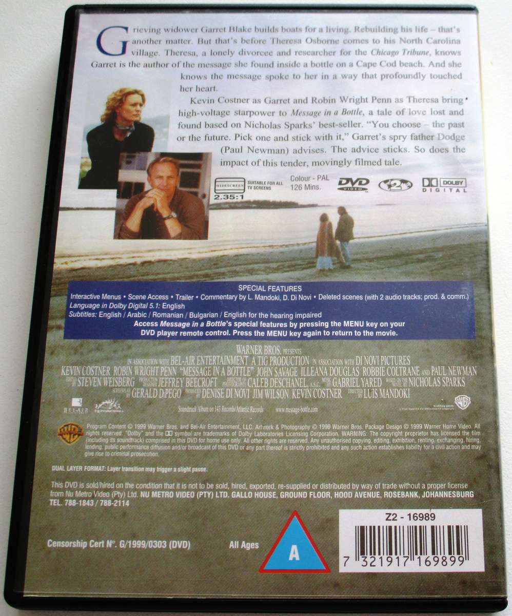 MESSAGE IN A BOTTLE Kevin Costner DVD [BBOX 5]
