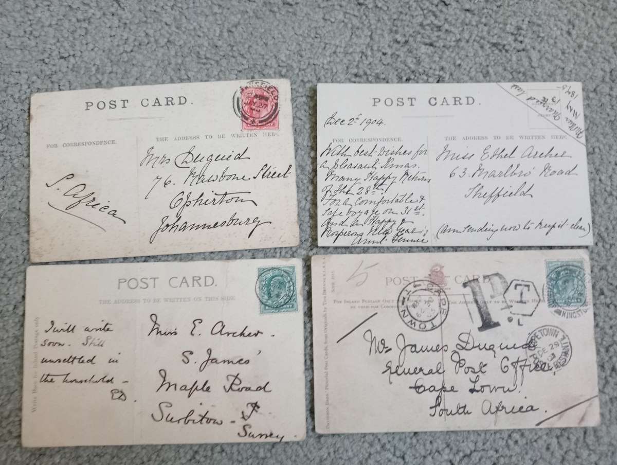 FOUR EARLY 1900`s POST CARDS FINE USED-SOME TAXED !! BUY NOW`S GET FREE CARD.