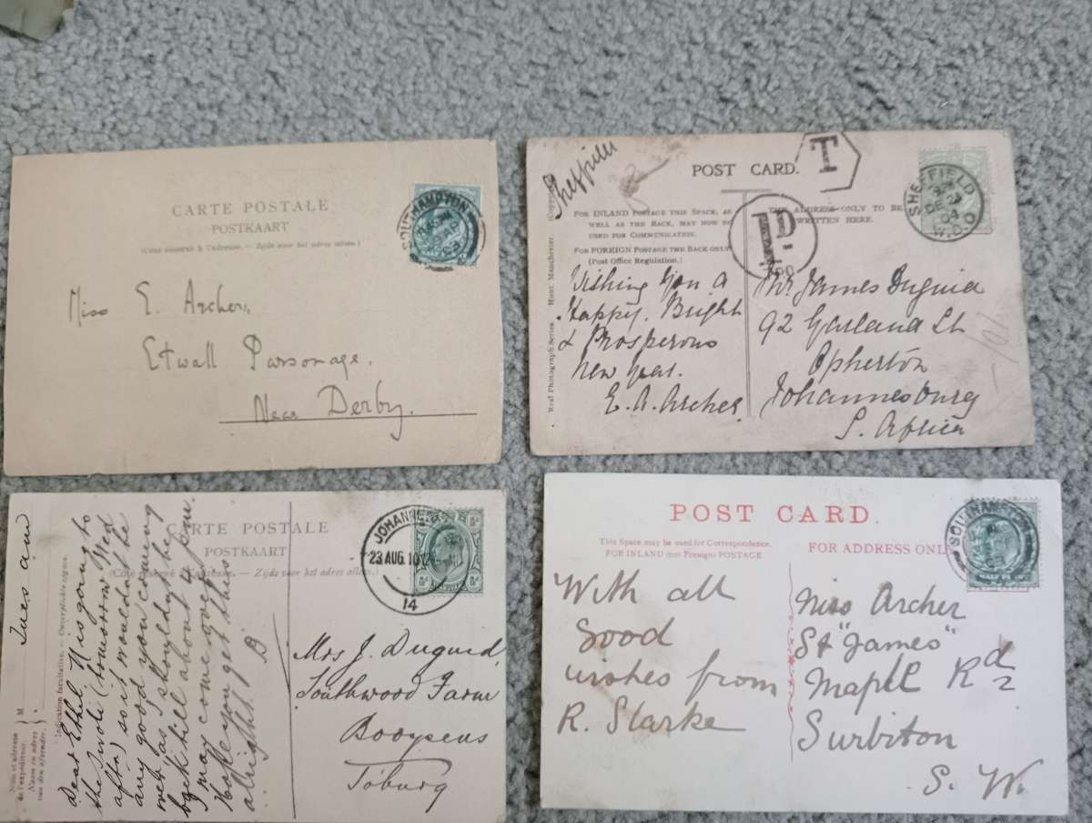 FOUR EARLY 1900`s POST CARDS FINE USED-SOME TAXED !! BUY NOW`S GET FREE CARD.