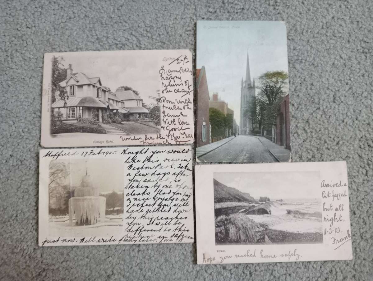 FOUR EARLY 1900`s POST CARDS FINE USED-SOME TAXED !! BUY NOW`S GET FREE CARD.