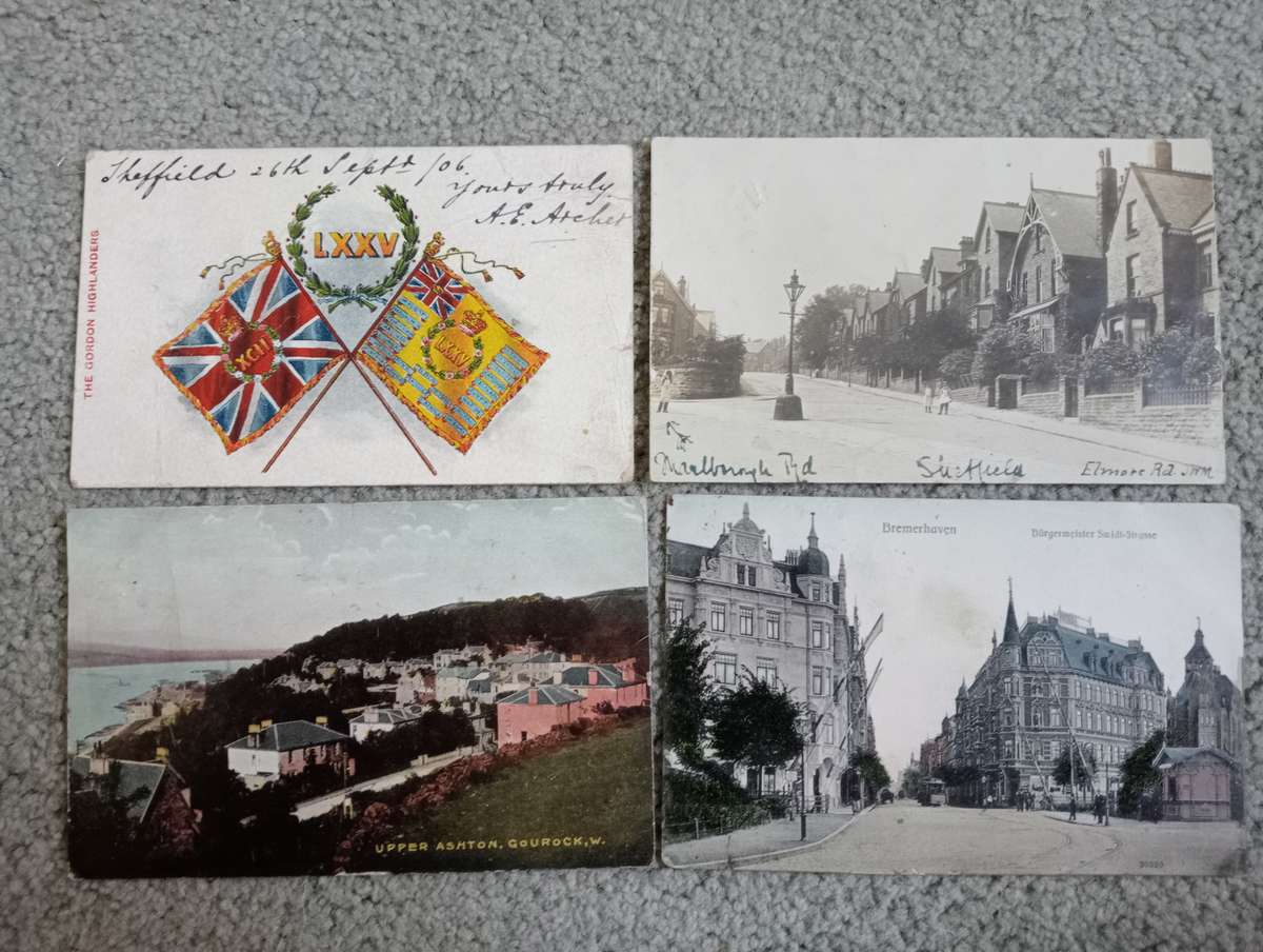 FOUR EARLY 1900`s POST CARDS FINE USED-SOME TAXED !! BUY NOW`S GET FREE CARD.