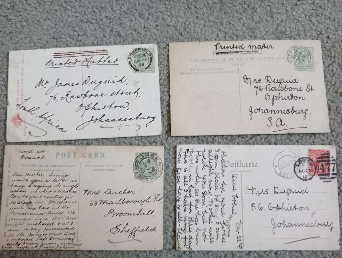 FOUR EARLY 1900`s POST CARDS FINE USED-SOME TAXED !! BUY NOW`S GET FREE CARD.