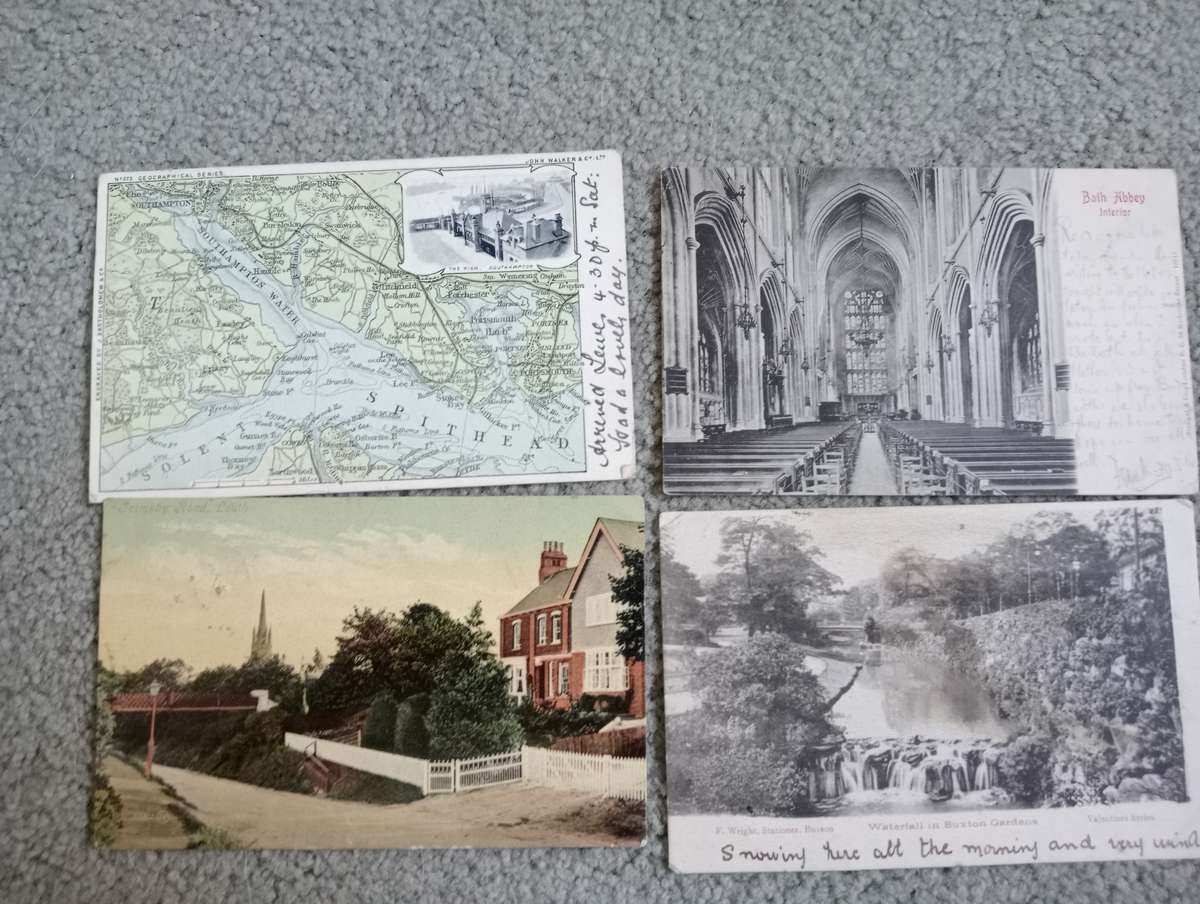 FOUR EARLY 1900`s POST CARDS FINE USED-SOME TAXED !! BUY NOW`S GET FREE CARD.