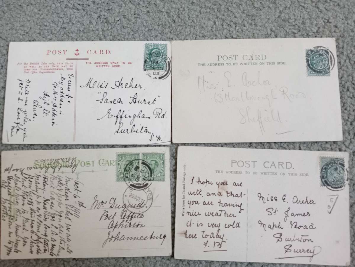 FOUR EARLY 1900`s POST CARDS FINE USED-SOME TAXED !! BUY NOW`S GET FREE CARD.