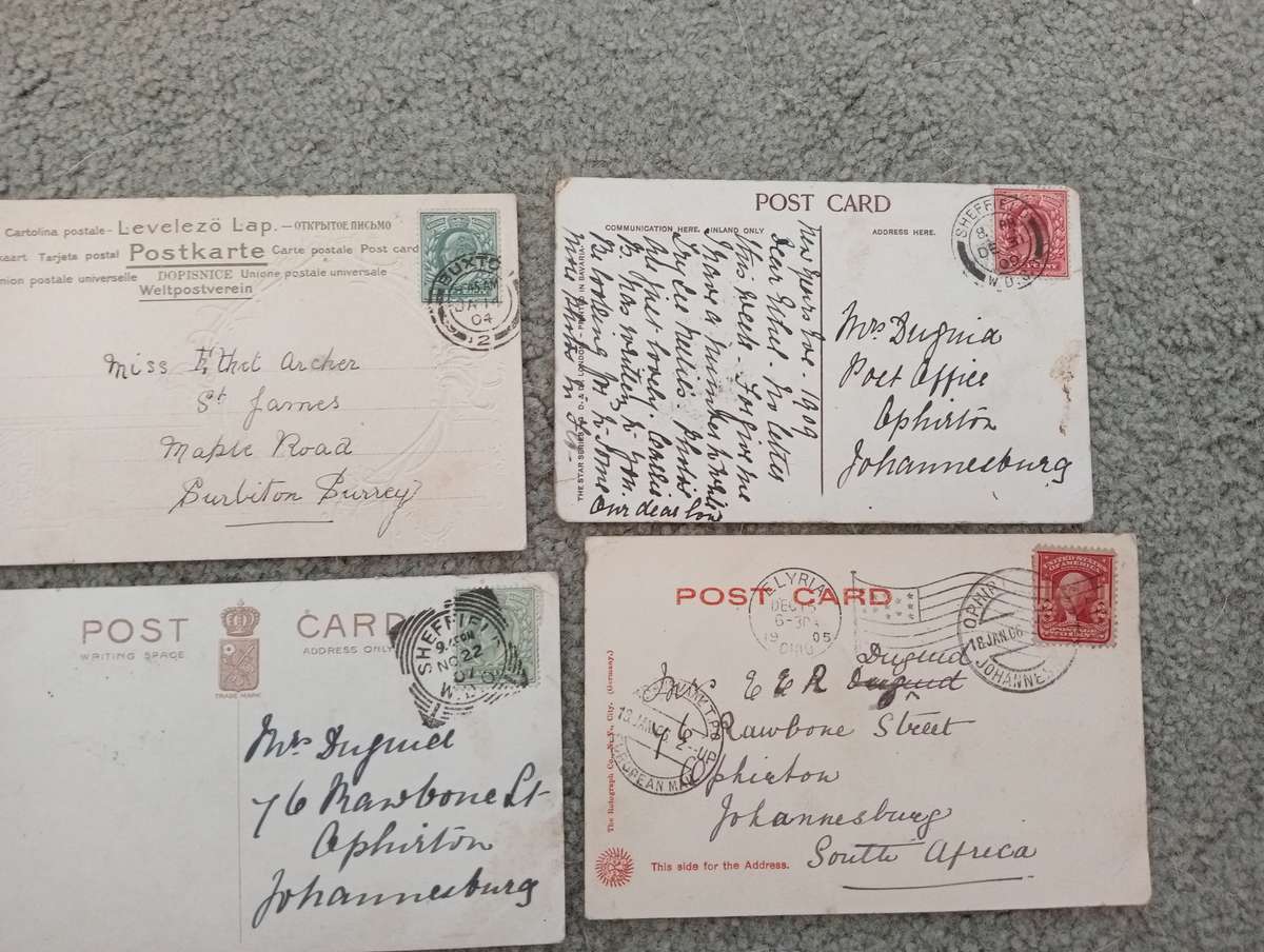 4 LOVELY EARLY 1900`s POST CARDS MOSTLY TO S.A. BUY NOW`S GETS FREE CARD