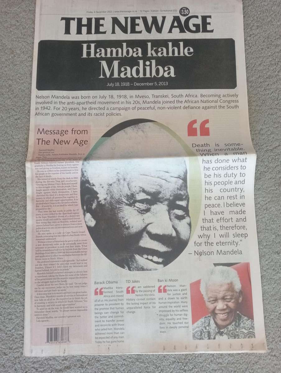 EXTREMELY SCARCE 5 DIFFERENT " MANDELA NEWSPAPERS 2013 " UNREAD AS NEW-ALL PARTS INCLUDED !!