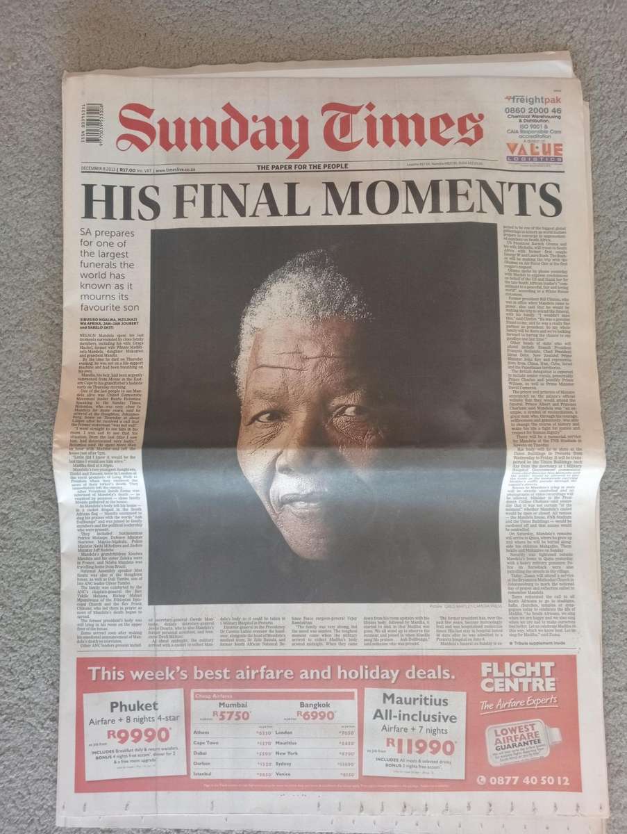 EXTREMELY SCARCE 5 DIFFERENT " MANDELA NEWSPAPERS 2013 " UNREAD AS NEW-ALL PARTS INCLUDED !!