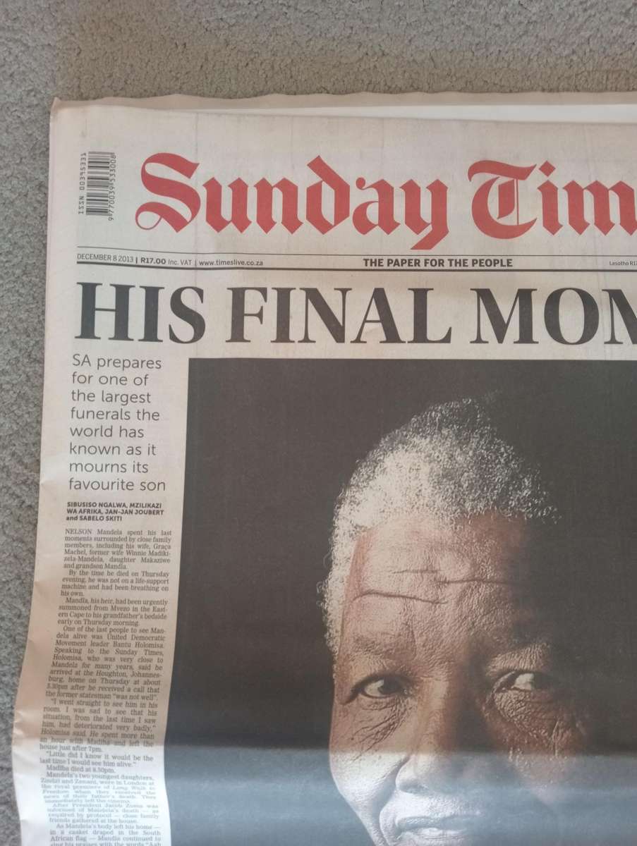 EXTREMELY SCARCE 5 DIFFERENT " MANDELA NEWSPAPERS 2013 " UNREAD AS NEW-ALL PARTS INCLUDED !!