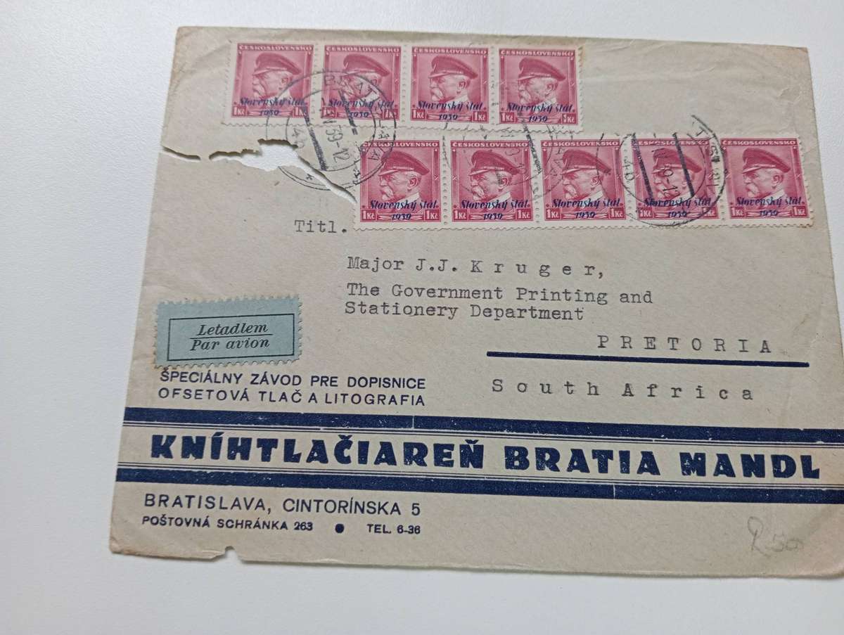 SLOVAKIA 1939-SCARCE MULTIPLE FRANKING OVERPRINT-SOME DAMAGE ON COVER AS PER SCAN