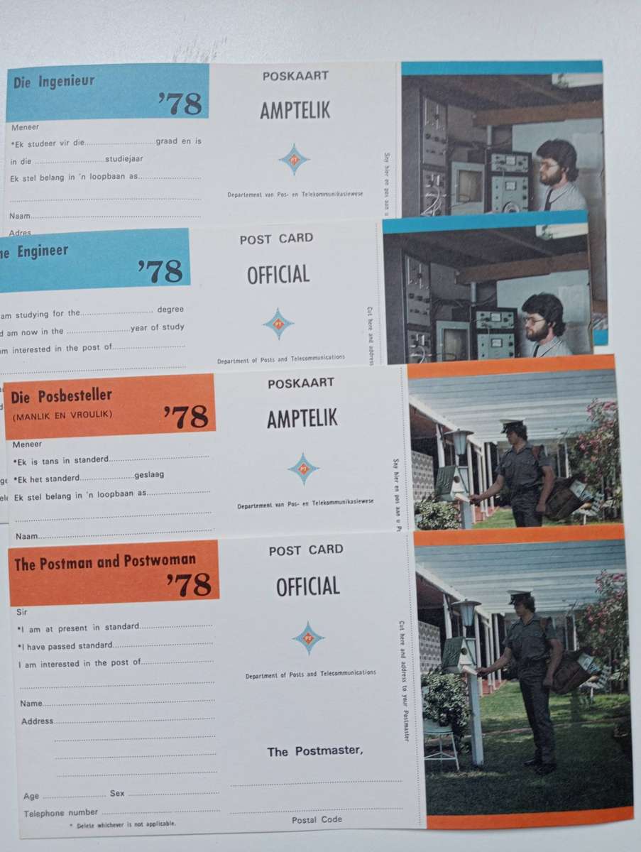 APPLICATION UNUSED CARDS FOR SOUTH AFRICAN POST OFFICE-ENGLISH AND AFRIKAANS PAIRS