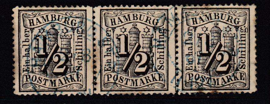 HAMBURG-1864  SG 19  A SCARCE USED STRIP OF THREE   R1800.00+