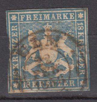 WURTTEMBERG-1857 ONE OF THE MOST RARE ISSUE  R64 400.00           SG 19 USED-SEE BELOW