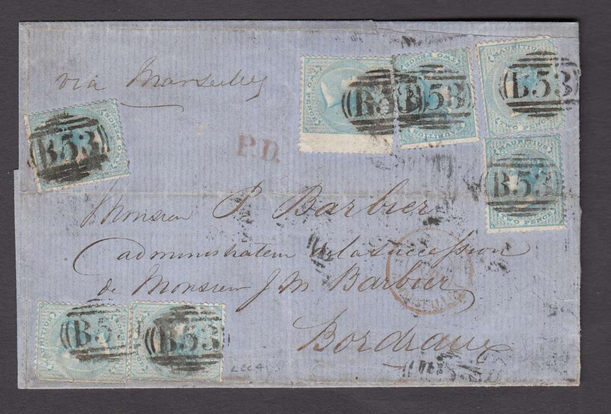 MAURITIUS-VERY SCARCE QV COVER 1864 SINGLE LINE MAURITIUS STRIKE SG59 X 7 X 3  R8800.00  SEE BELOW