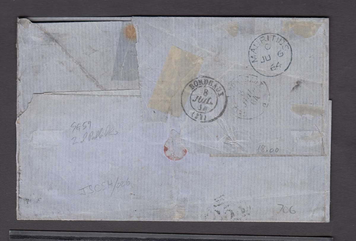 MAURITIUS-VERY SCARCE QV COVER 1864 SINGLE LINE MAURITIUS STRIKE SG59 X 7 X 3  R8800.00  SEE BELOW