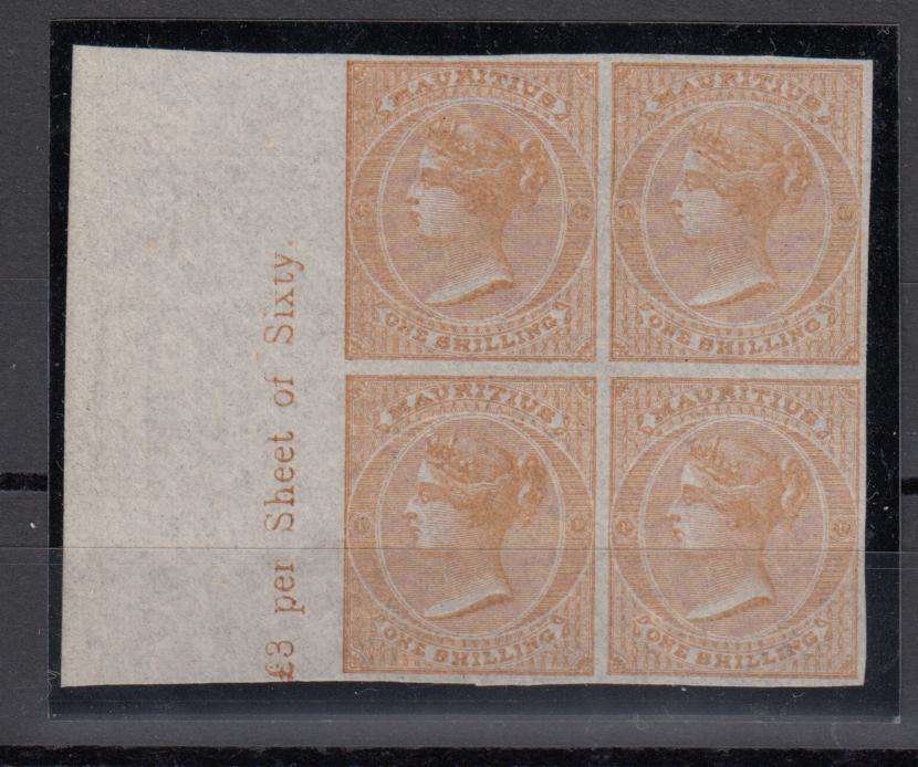 MAURITIUS-RARE 1860/3 IMPINATUR PLATE PROOF BLOCK SUPERB UNUSED -SEE BACK BELOW