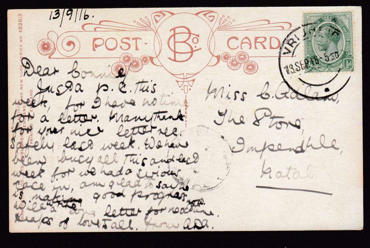 UNION-1916  VERY SCARCE COVER TO " IMPENDHLA USED VRYHEID "  MAY BE AN IMPENDHLA RECEIVING STRIKE!!
