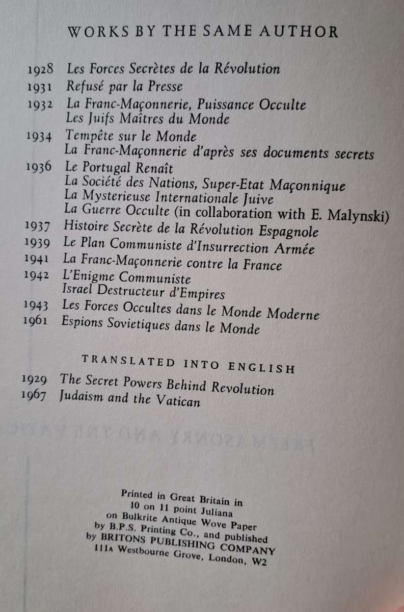 Freemasonry and the Vatican - Vicomte Leon de Poncins (hard cover with DJ)
