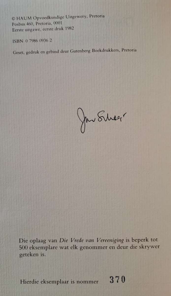 Vrede van Vereening - Jan Scholtz (hard cover with no dj)