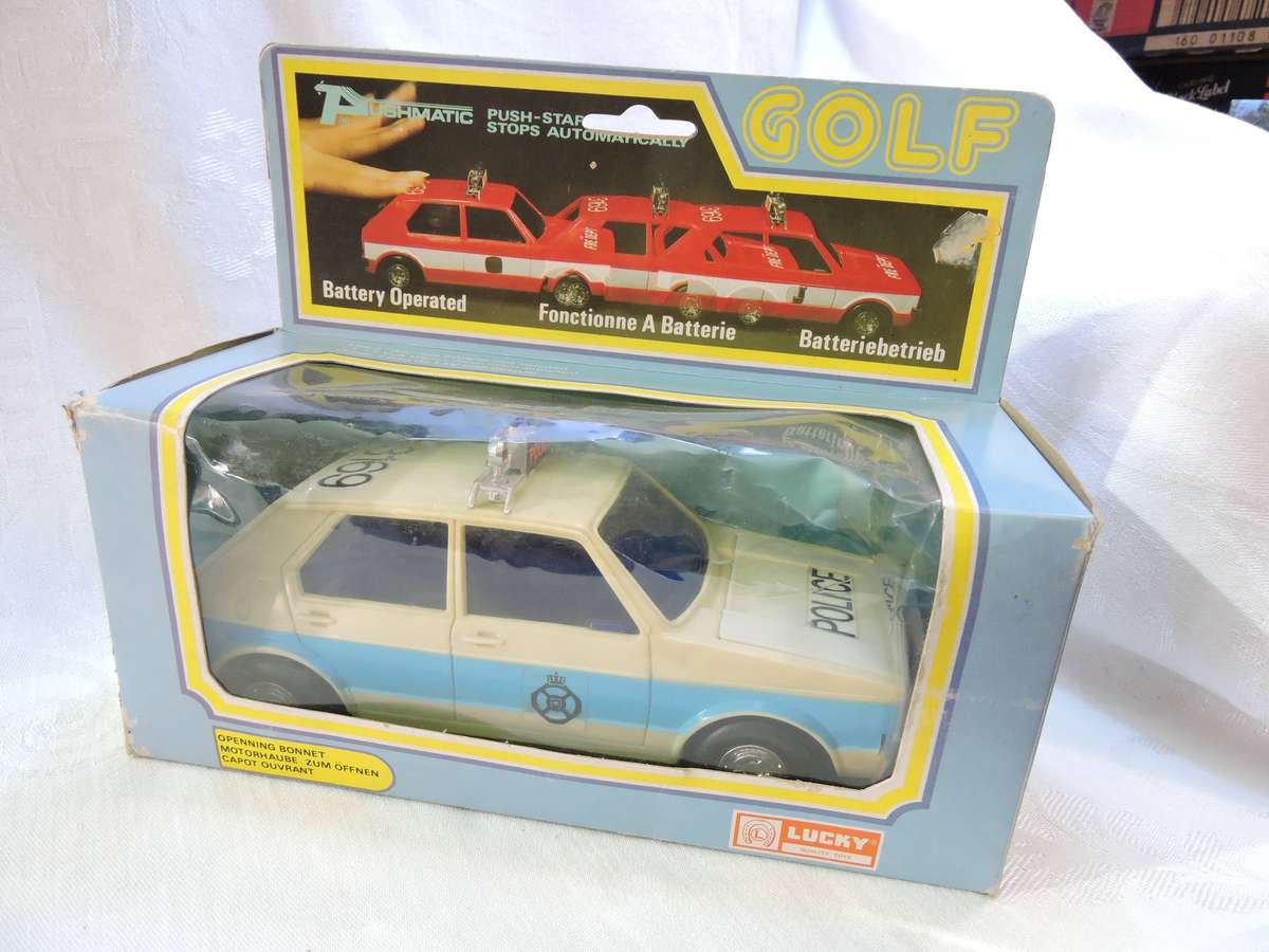 LUCKY TOY VW VOLKSWAGEN Golf Mk1 Police Car in original box ( Blue ) Like Hot Wheels
