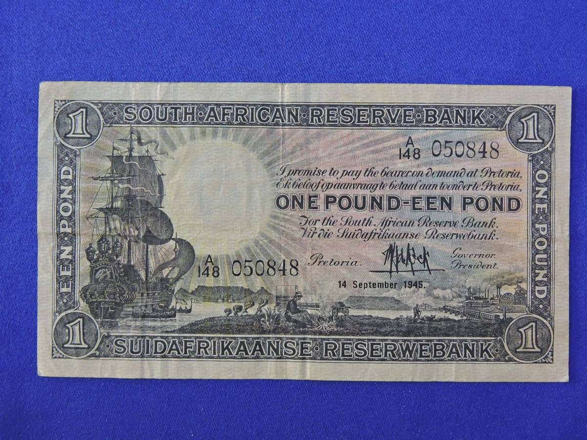 South Africa One Pound Een Pond Bank Note  September 1945   M.H de Kock