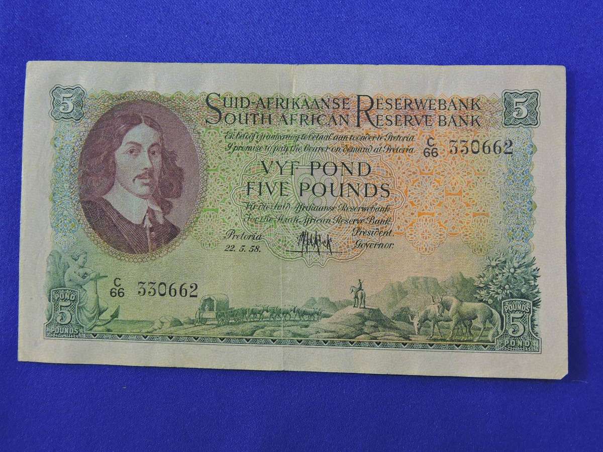 South Africa Five Pound Vyf Pond Bank Note   May 1958    M.H de Kock