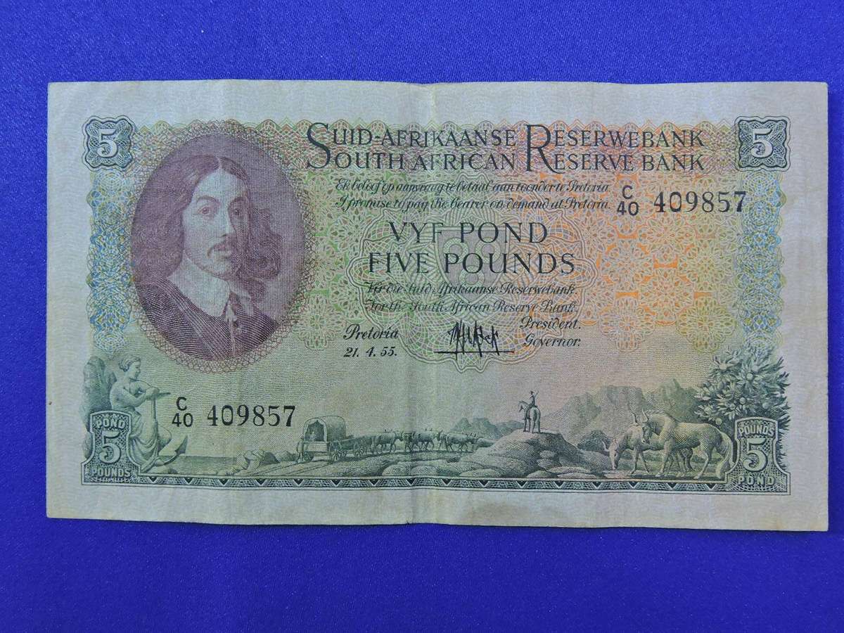South African Reserve Bank 5 Pound Bank note Vyf Pond ( MH de Kock ) 1955