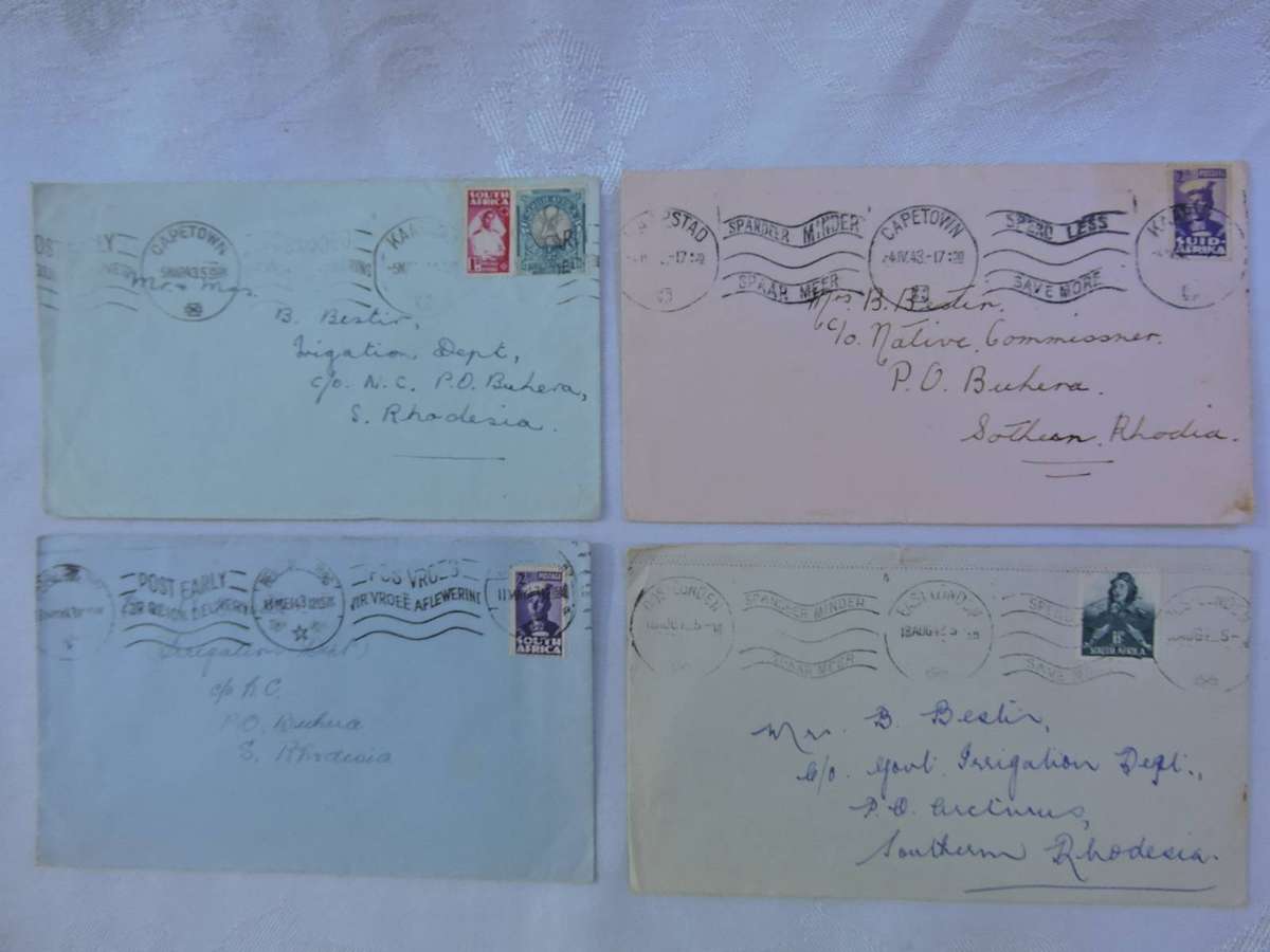 STAMPS Postal history 4 WW2 era envelopes SA to Southern Rhodesia