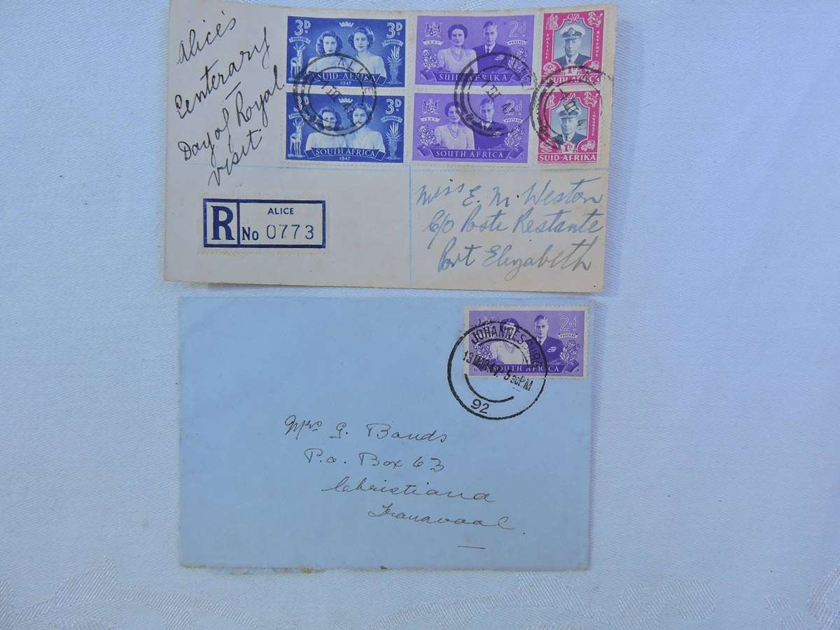 STAMPS Postal history POST CARD Royal Visit. Alice E. Cape Centenary Registered Mail + one other