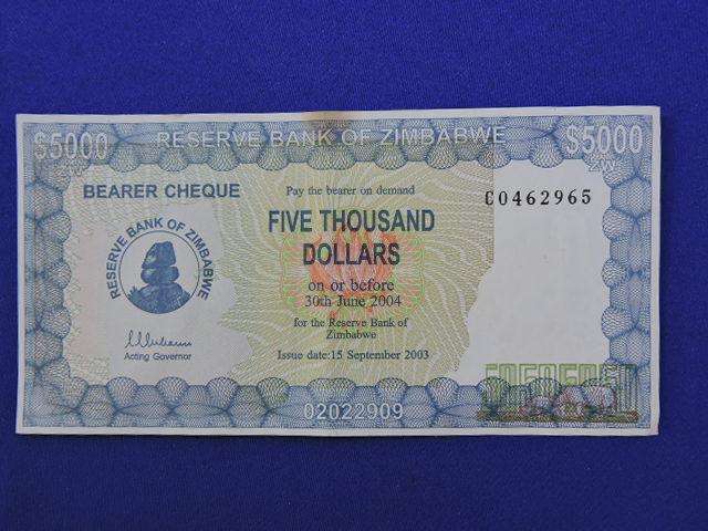 ZIMBABWE $5 000  Five Thousand Dollar Bank note  Bearer Cheque Issued 2003