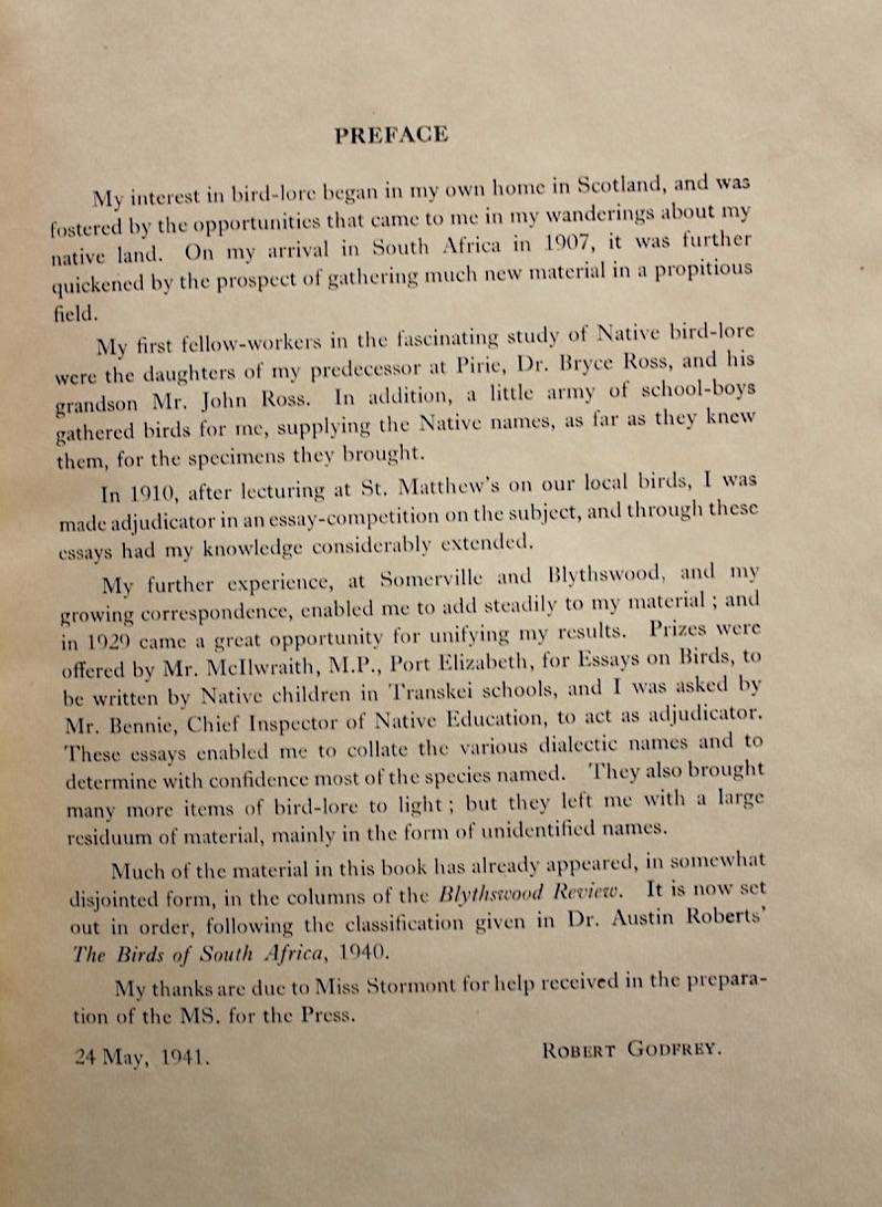 BIRD-LORE OF THE EASTERN CAPE PROVINCE - REV. ROBERT GODFREY (1941)