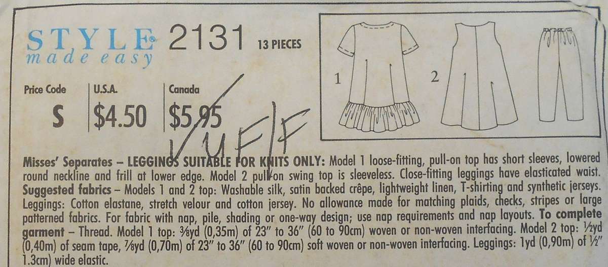 STYLE 2131 LOOSE FIT PULL ON TOP/WITH WITHOUT  SLEEVES + LEGGINGS SIZE 6-16 COMPLETE-UNCUT-F/FOLDED