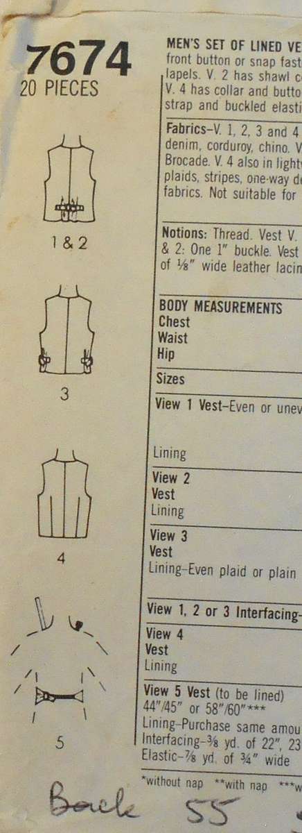 SIMPLICITY 7674 MENS SET OF LINED WAISTCOATS SIZE 40 COMPLETE-SEE LISTING