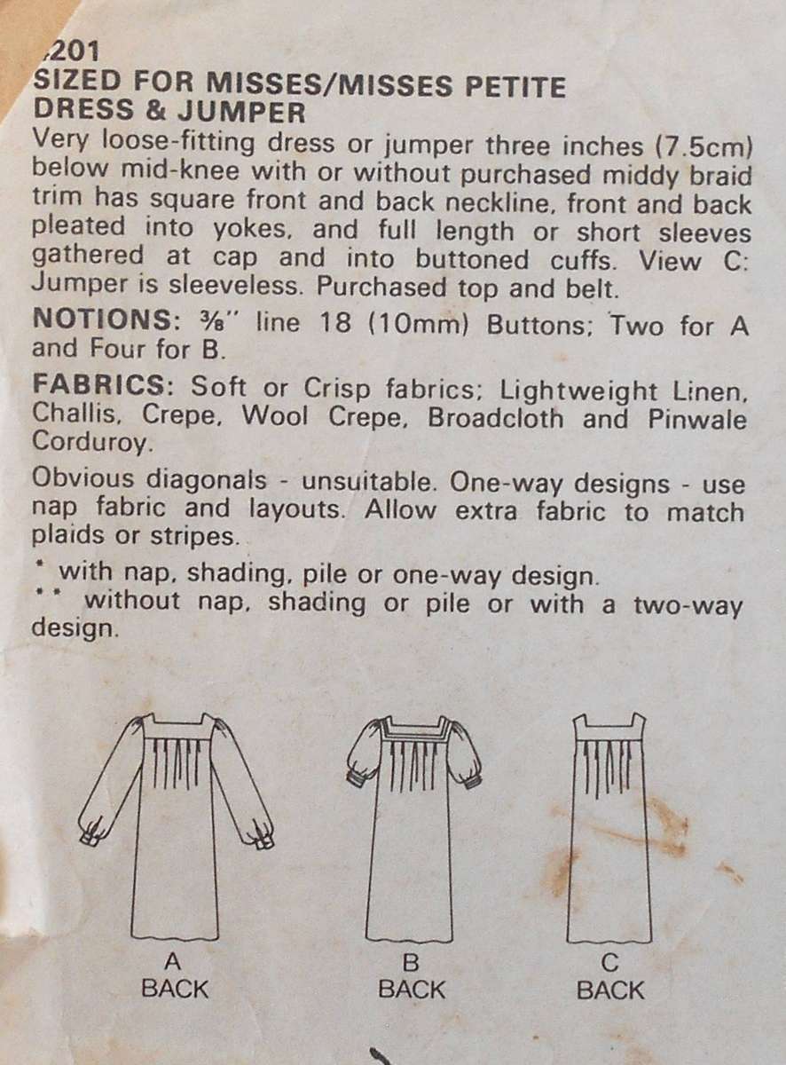 BUTTERICK 4201 DRESS & PINAFORE SIZE 12 COMPLETE-ZIPLOC