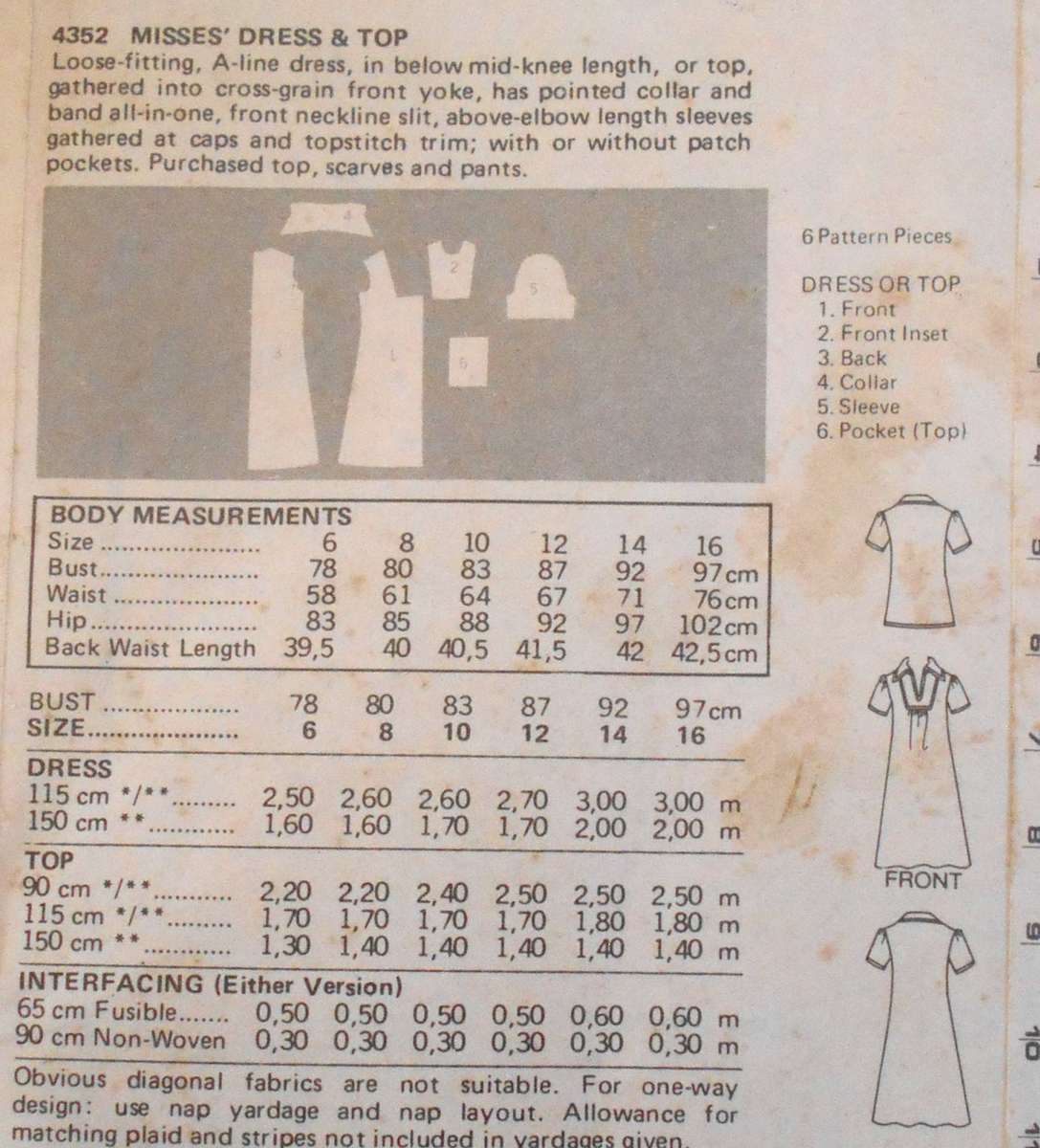 BUTTERICK 4352 DRESS & TOP SIZE 14 BUST 92 CM COMPLETE