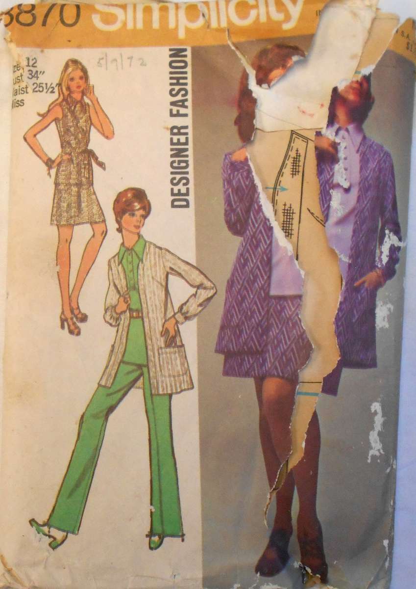 VINTAGE SIMPLICITY 8870 OVERBLOUSE-MINI SKIRT-PANTS-UNLINED JACKET SIZE 12 BUST 34 SEE LISTING