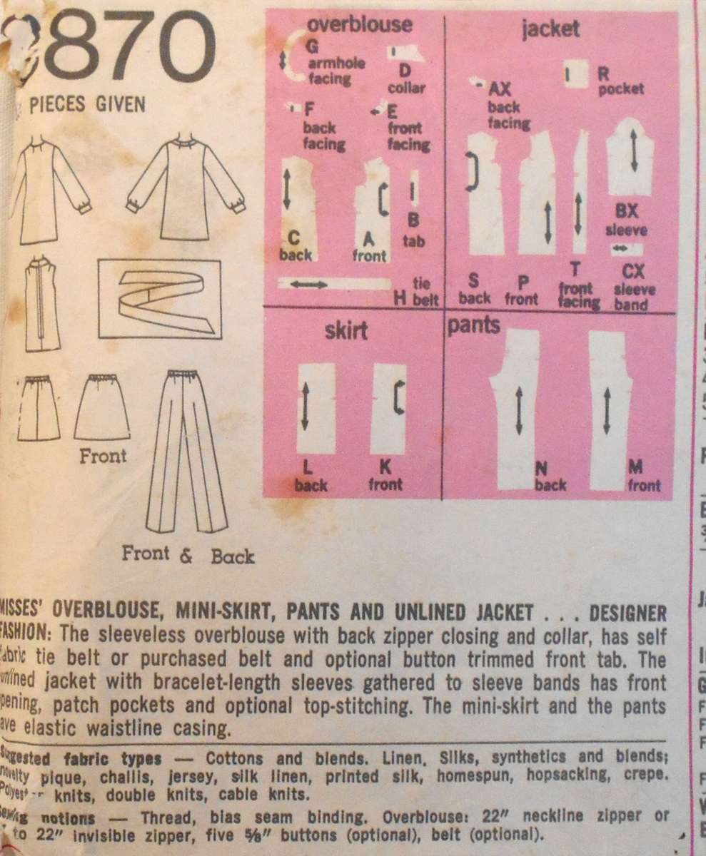 VINTAGE SIMPLICITY 8870 OVERBLOUSE-MINI SKIRT-PANTS-UNLINED JACKET SIZE 12 BUST 34 SEE LISTING
