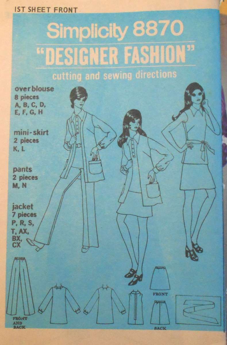 VINTAGE SIMPLICITY 8870 OVERBLOUSE-MINI SKIRT-PANTS-UNLINED JACKET SIZE 12 BUST 34 SEE LISTING