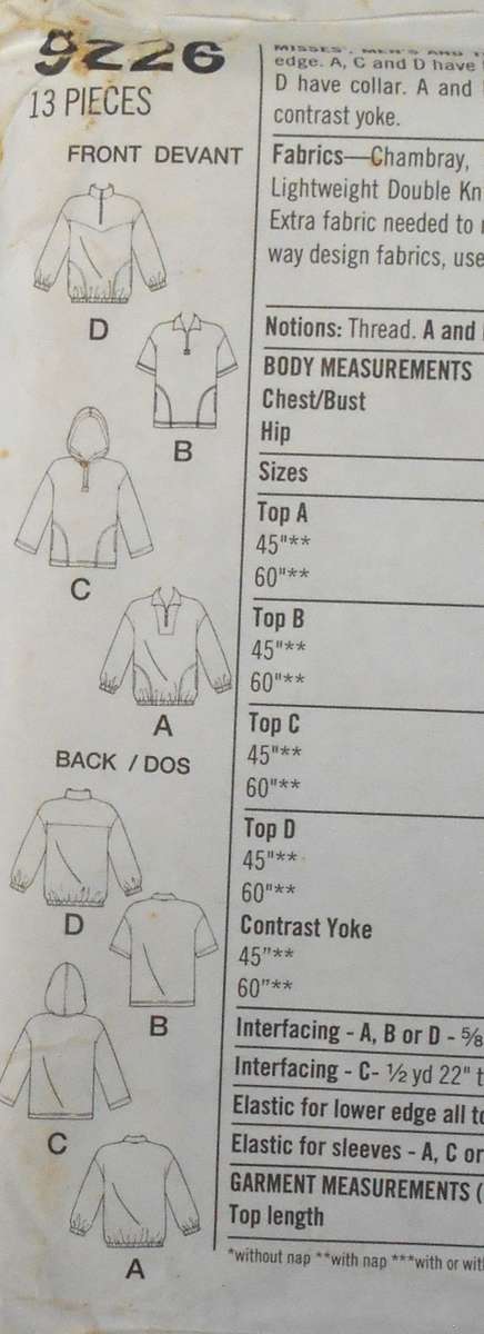 SIMPLICITY 9226 UNISEX PULLOVER HOODIE SWEAT SHIRT SIZE XS-S-M (30-40) COMPLETE-UNCUT-F/.FOLDED