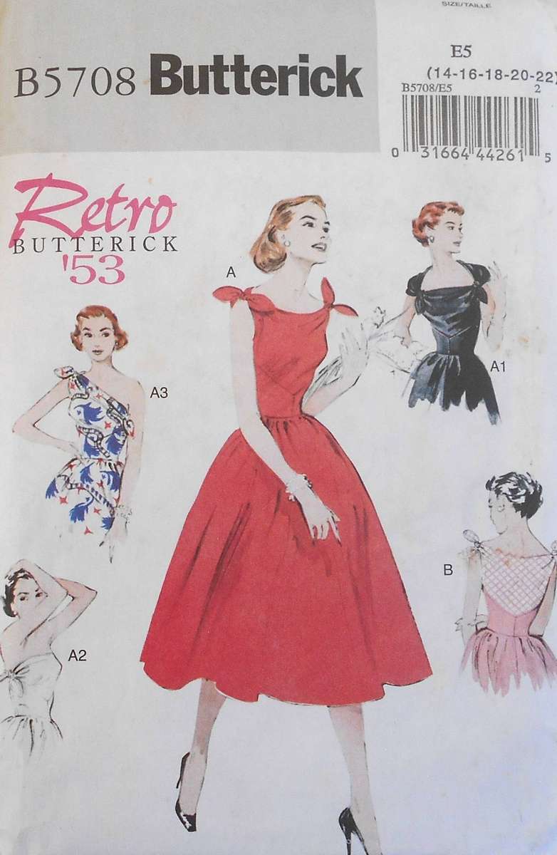 BUTTERICK B5708 RETRO DRESS WITH SELF LINED BODICE SIZE 14-16-18-20-22 COMPLETE-UNCUT-F/FOLDED