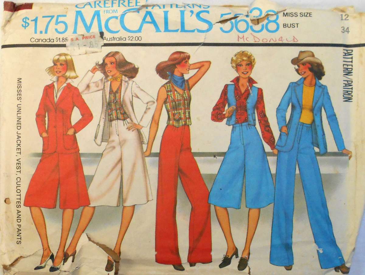 McCALLS 5638 UNLINED JACKET-WAISTCOAT-PANTS-CULOTTES SIZE 12 BUST 34 COMPLETE