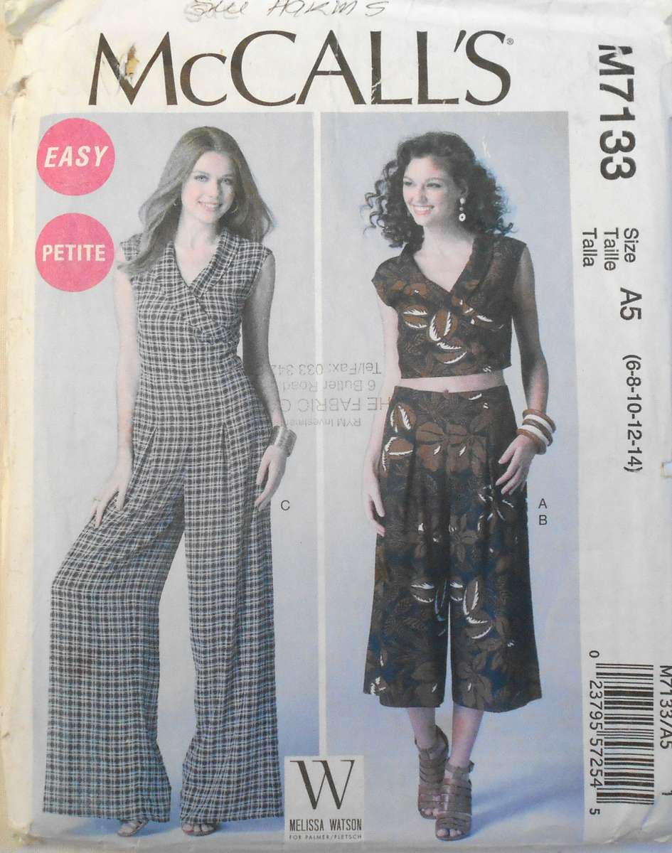McCALLS M7133 TOP-PANTS-JUMPSUIT SIZE 6-8-10-12-14 COMPLETE-CUT TO 132 NO INSTRUCTIONS PG 1-2