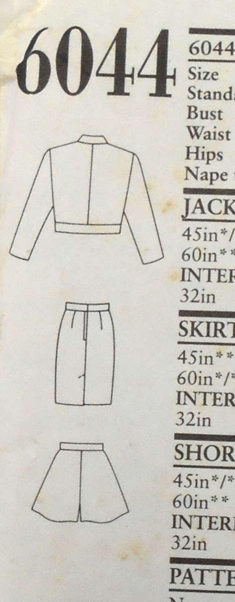 NEW LOOK PATTERNS 6044 SHORT JACKET-SKIRT-SHORTS SIZE 6 - 16 COMPLETE-UNCUT-F/FOLDED
