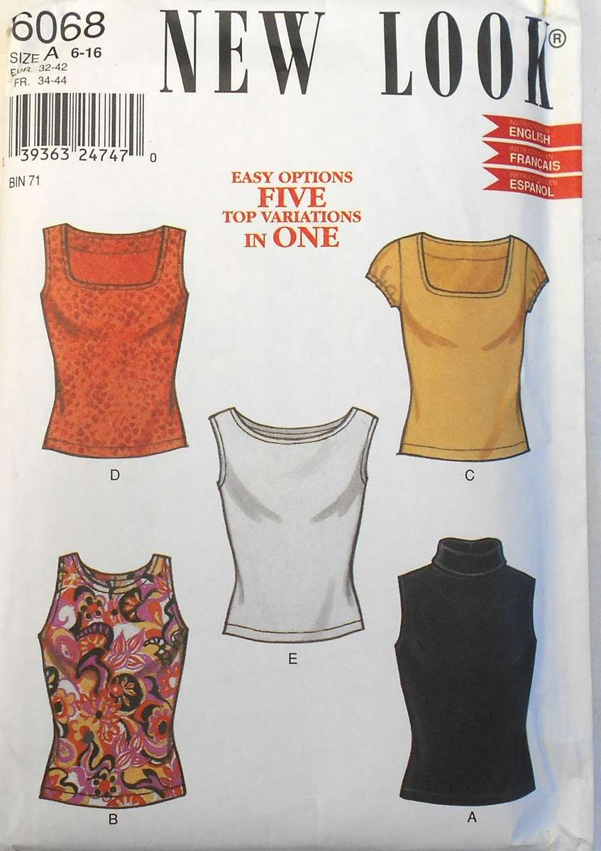 NEW LOOK 6068 SET OF SLEEVELESS TOPS WITH NECKLINE VARIATIONS SIZE 6-16 COMPLETE-UNCUT-F/FOLDED