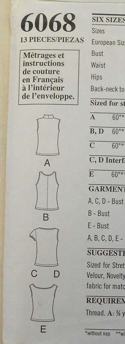 NEW LOOK 6068 SET OF SLEEVELESS TOPS WITH NECKLINE VARIATIONS SIZE 6-16 COMPLETE-UNCUT-F/FOLDED