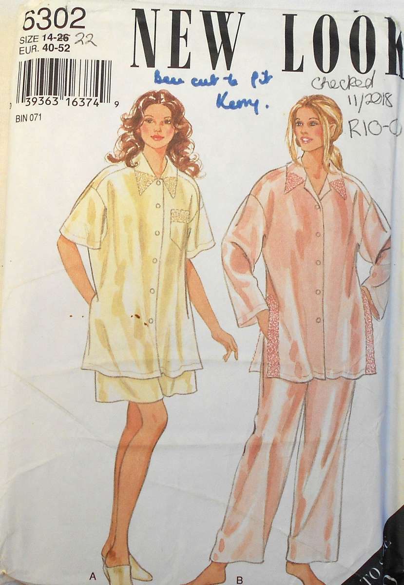 NEW LOOK PATTERNS 6302 OVERSIZE SHIRT-PANTS-SHORTS SIZE 14-26 COMPLETE-CUT TO 22