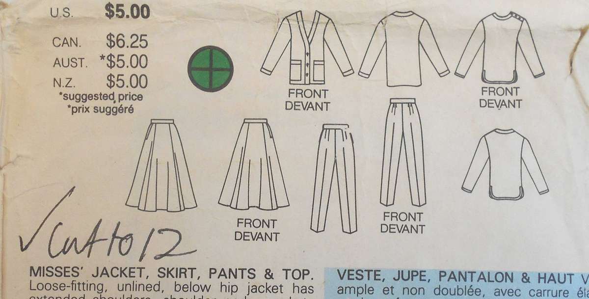 BUTTERICK 3023 JACKET-SKIRT-PANTS-TOP SIZE 8-10-12 COMPLETE CUT TO 12